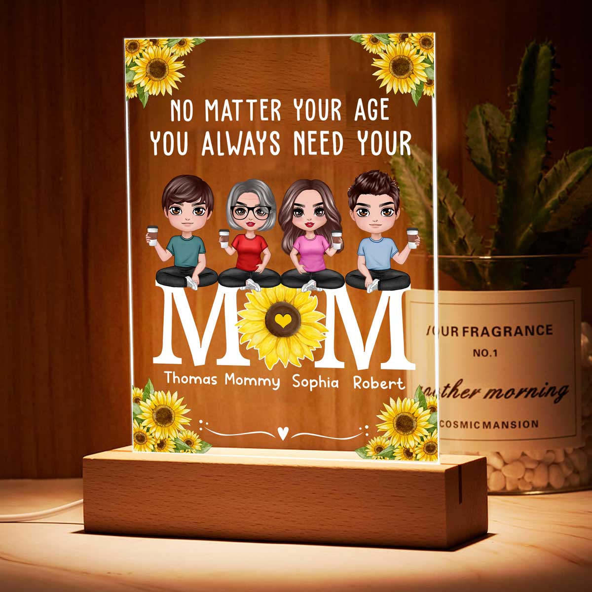 No Matter Your Age You Always Need Your Mom Doll Mom And Daughters Sons Sitting On Sunflower Word Personalized Rectangle Acrylic Plaque LED Night Light