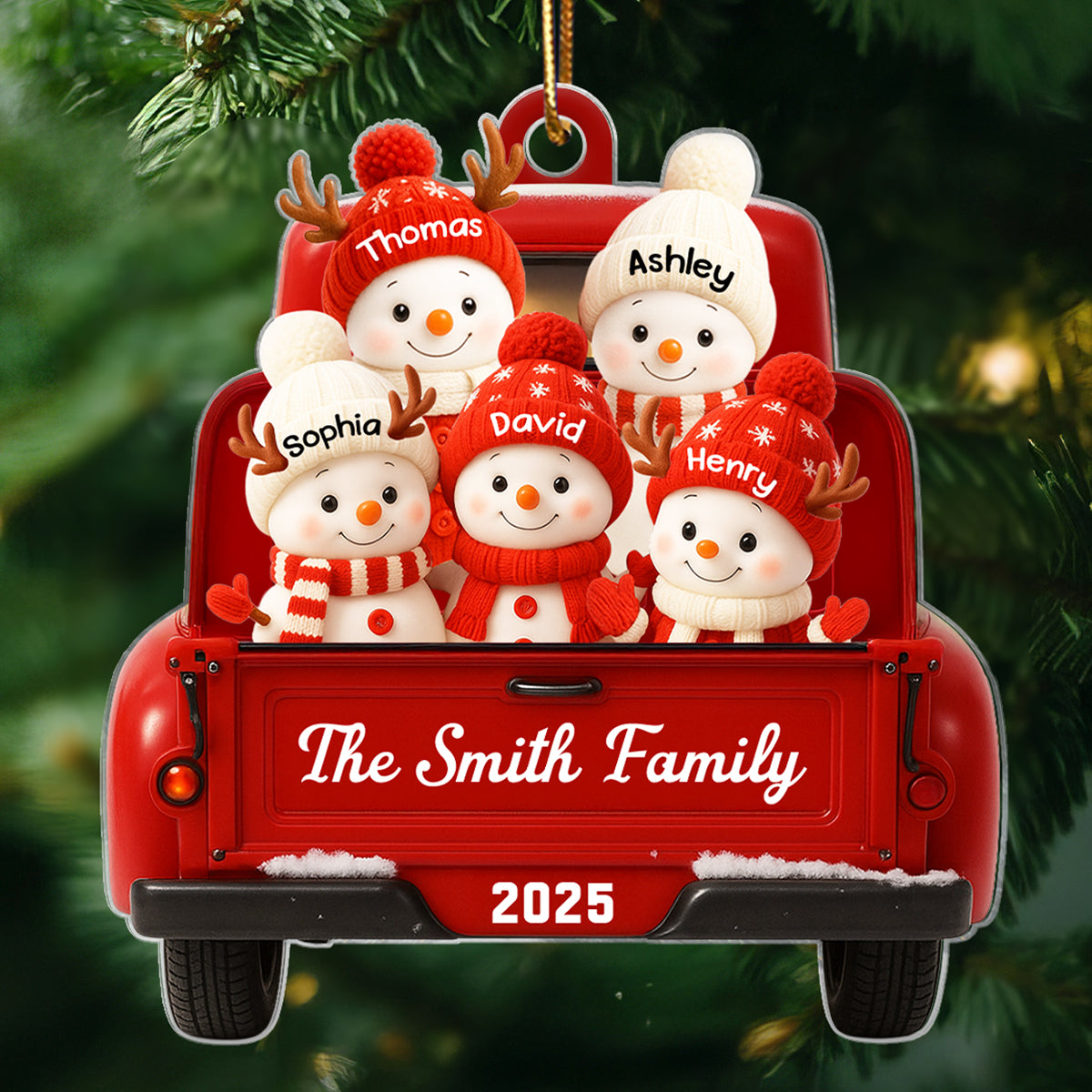 Family Snowman on Christmas Truck Personalized Acrylic Ornament, Red Truck Christmas Gift for Family