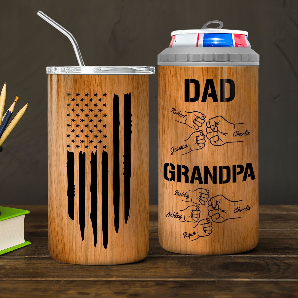 Dad Grandpa Fist Bump Personalized Can Cooler| Coolest Father's Day Gift For Grandpa, Dad