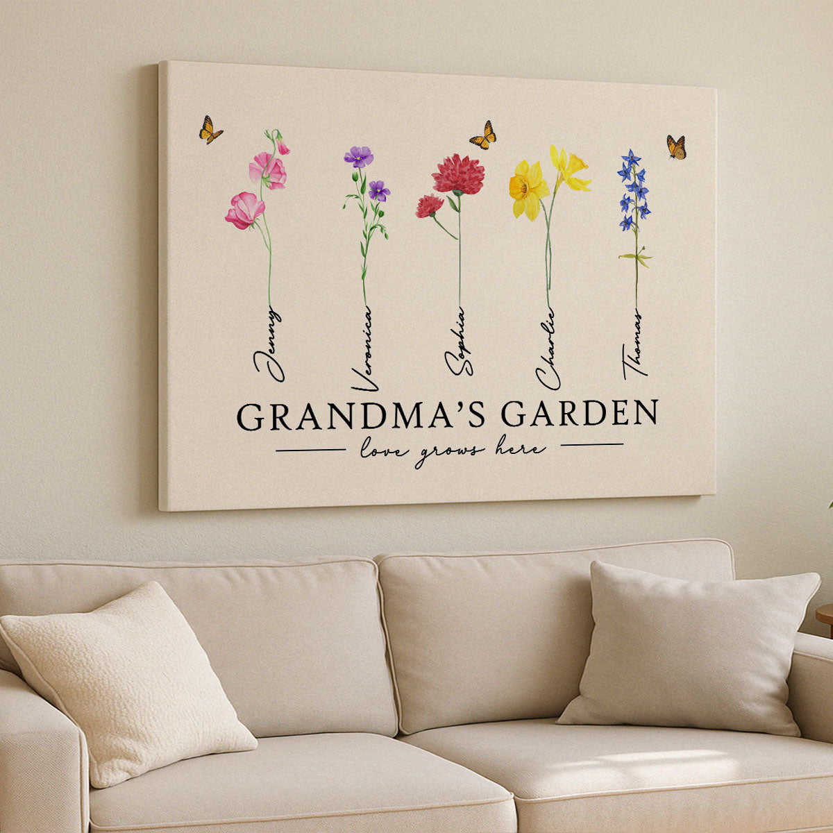Grandma‘s Garden Love Grows Here Watercolor Birth Month Flower Gift For Grandma Mom Personalized Canvas Print