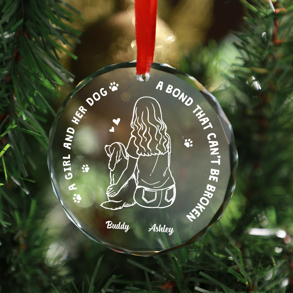 Girl And Her Dogs Outline Personalized Glass Ornament, Christmas Gift For Dog Mom