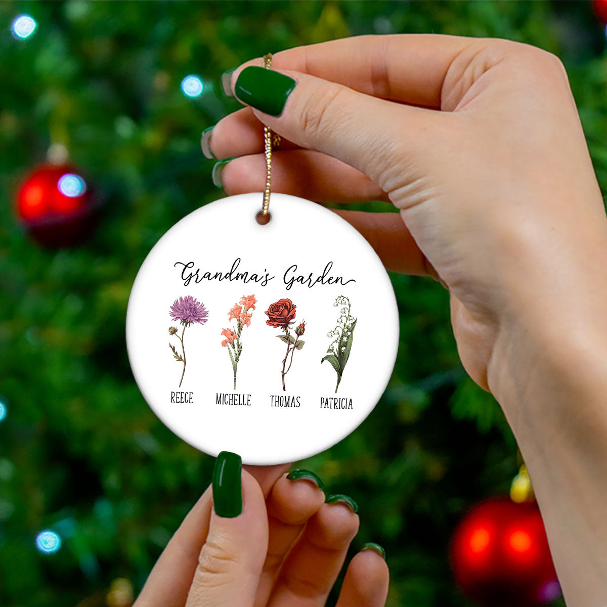 Grandma's Garden Birth Month Flower Family Personalized Ceramic Ornament, Birthday Christmas Gift For Grandma, Mom, Mother-in-law