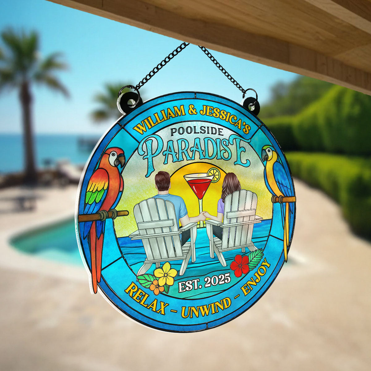 Couple Poolside Paradise Tropical Personalized Acrylic Suncatcher