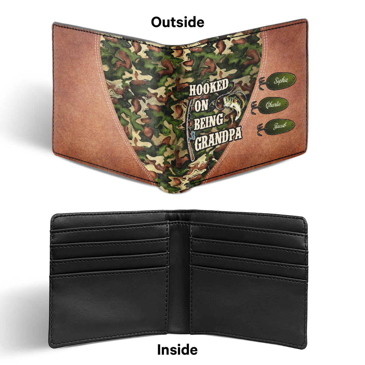 Hooked On Being Fishing Grandpa Camouflage Personalized Men’s Wallet