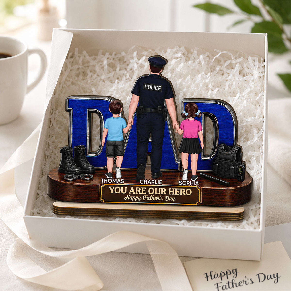 Proud American Police Dad You Are Our Hero - Personalized 2-Layered Wooden Plaque - Unique Trending Father's Day Gift For Dad, Husband