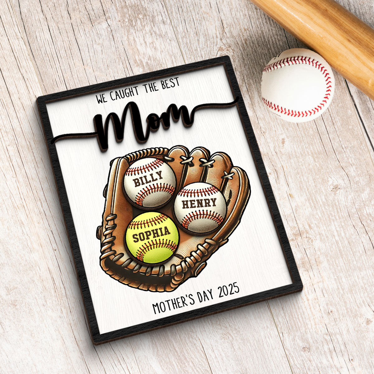 We Caught The Best Mom Baseball, Softball - Personalized 2-Layered Wooden Plaque - Gift for Mom, Gift for Grandma, Gift for Wife