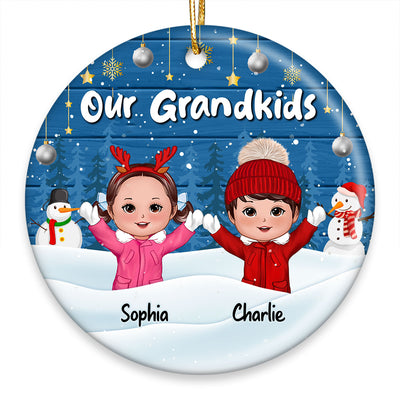 Happy Kids Playing In Snow Blue Wooden Personalized Circle Ornament