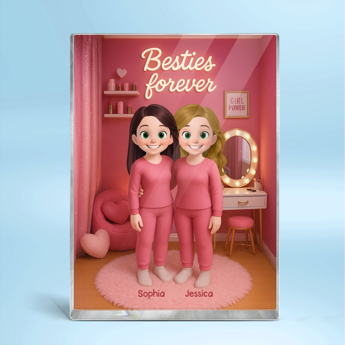 3D Effect Besties Pink Tone Dream Dollhouse Personalized Flat Rectangle Acrylic Block Plaque