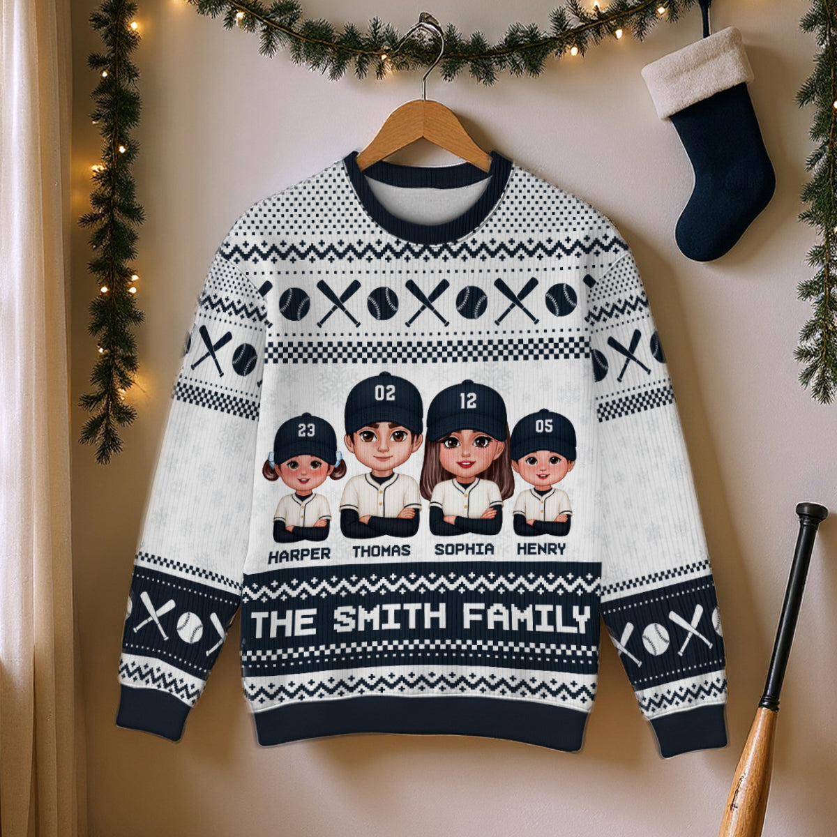 Christmas Baseball Family Personalized Faux Knitting Ugly Sweater
