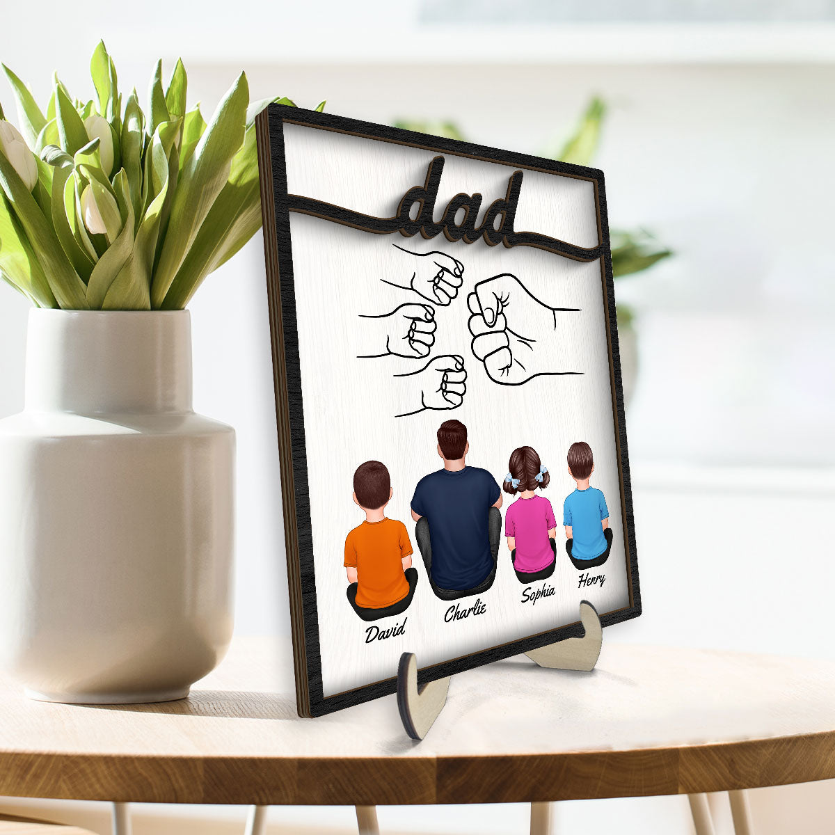 Dad And Kids Fist Bump Personalized 2-Layer Wooden Plaque
