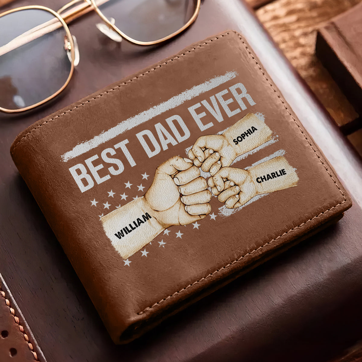 Best Dad Ever Flag Fist Bump Personalized Printed Leather Wallet, Gift For Husband, Dad