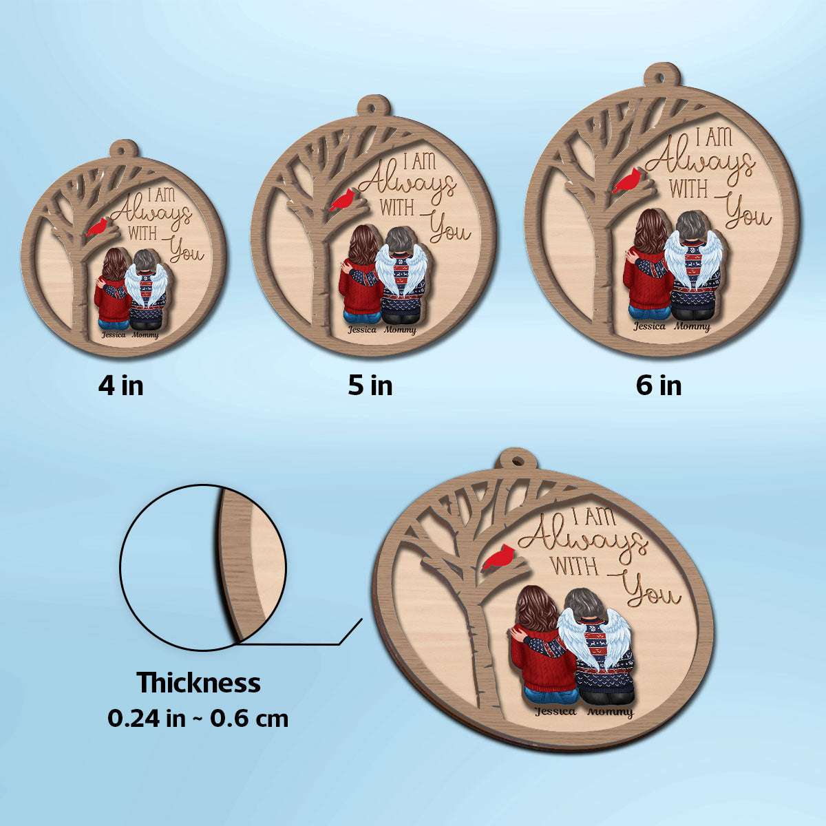 Always With You Cardinal Family Memorial Christmas Personalized 2-Layer Wooden Ornament