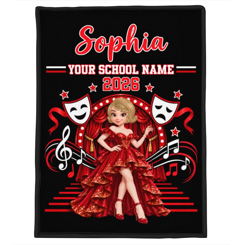 Theater Drama Club Girl Custom Name & School Name - Personalized Fleece Blanket - Graduation Gift For Musical Theater Girls, High School Theater Students, Daughter, Granddaughter