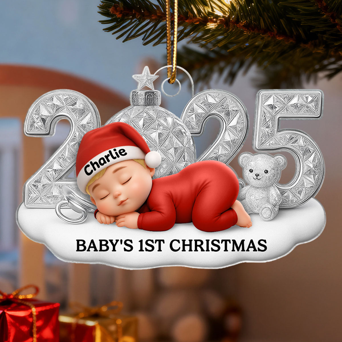 Cute Baby 2025 First Christmas - Personalized Acrylic Ornament - Christmas Gift for New Parent, Newborn Keepsake