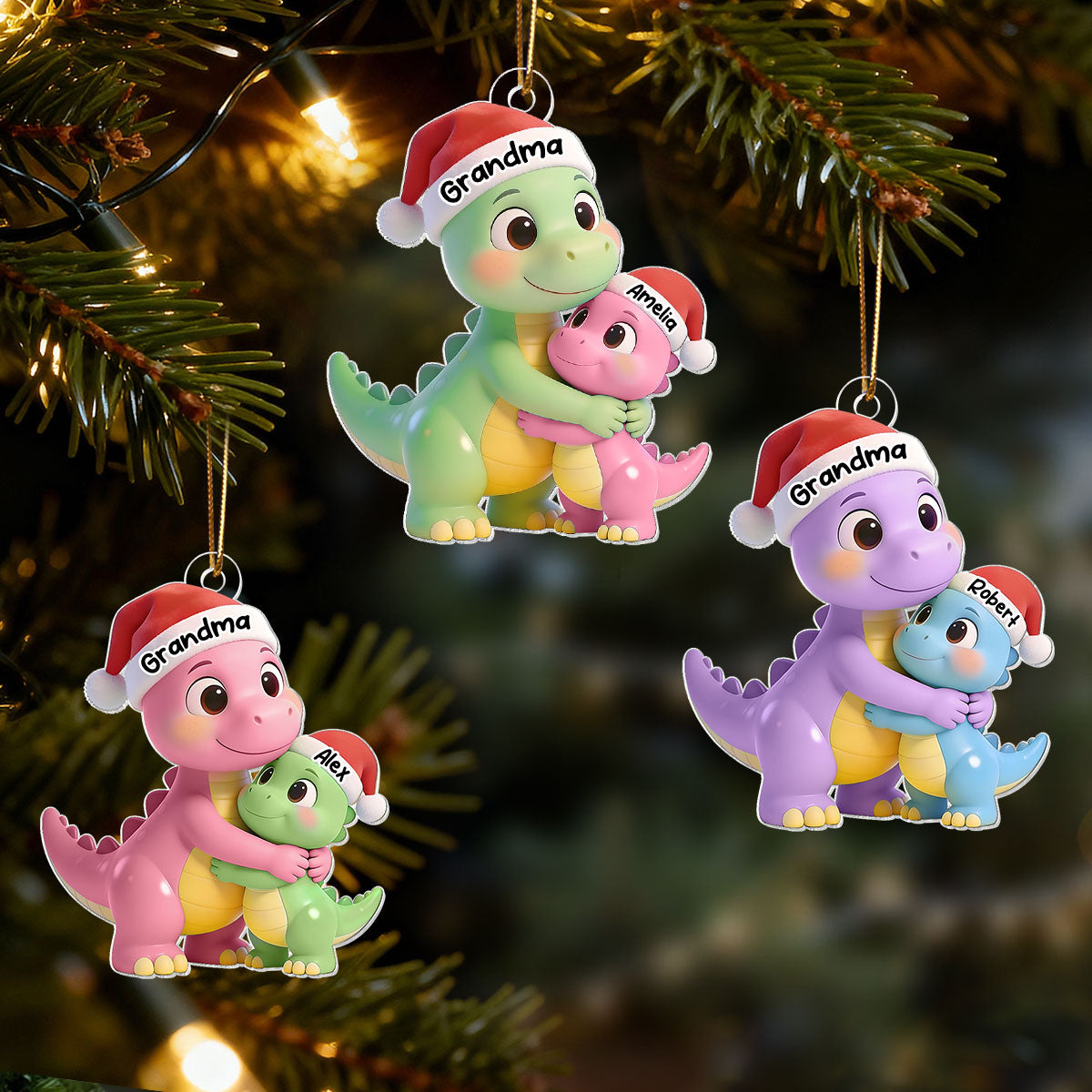 3D Effect Heartwarming Happy Grandmasaurus With Dinosaur Grandkid - Personalized Acrylic Car Hanger - Gift For Grandkids