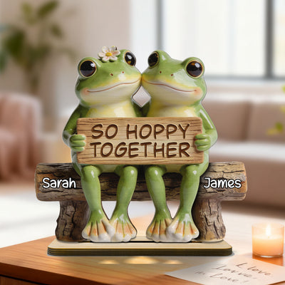 3D Effect Cottagecore Retro Aesthetic Frog Couple Hoppy Happy Together - Personalized 2-Layered Wooden Plaque - Valentine's Day, Anniversary Gift For Couple, Gift For Him, For Her