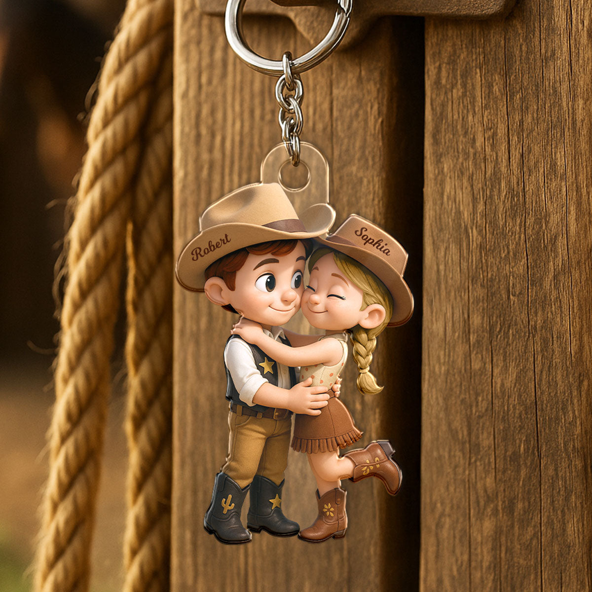 Cartoon Style Countryside Couple Cowboy Cowgirl Couple Matching Personalized Acrylic Keychain