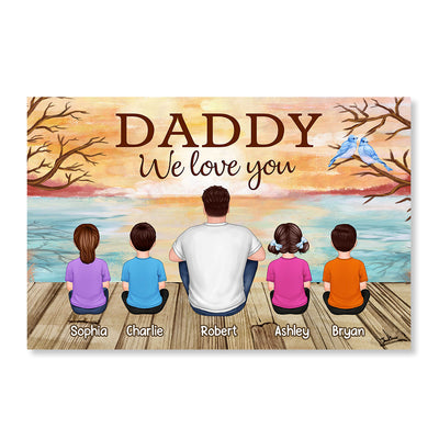 Lake View Dad Grandpa We Love You Back View Dad And Kids Dogs Cats Sitting Personalized Horizontal Poster