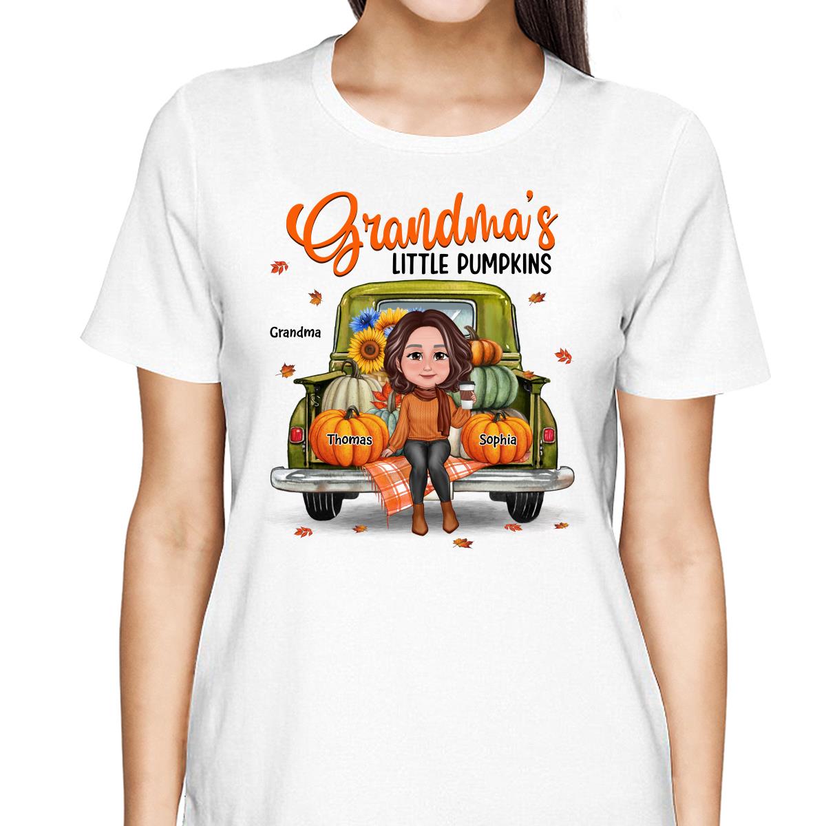 Grandma Sitting On Green Truck Pumpkins Fall Season Personalized Shirt