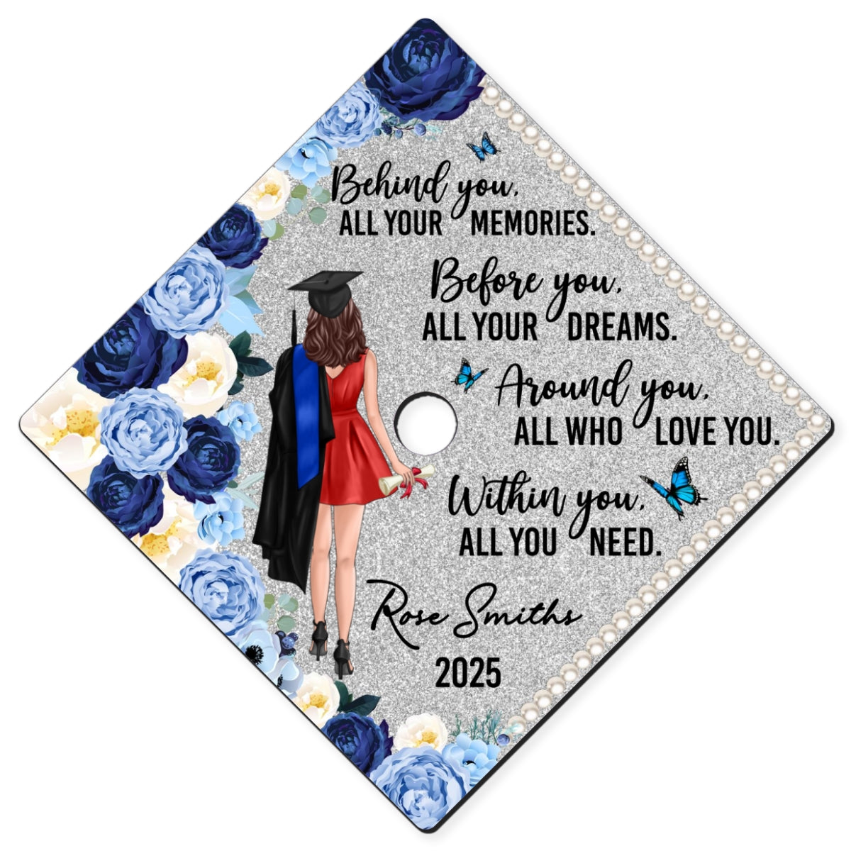 Behind You Flowers Senior Graduation Gift Personalized Printed Graduation Cap Topper (Not Real Glitter)
