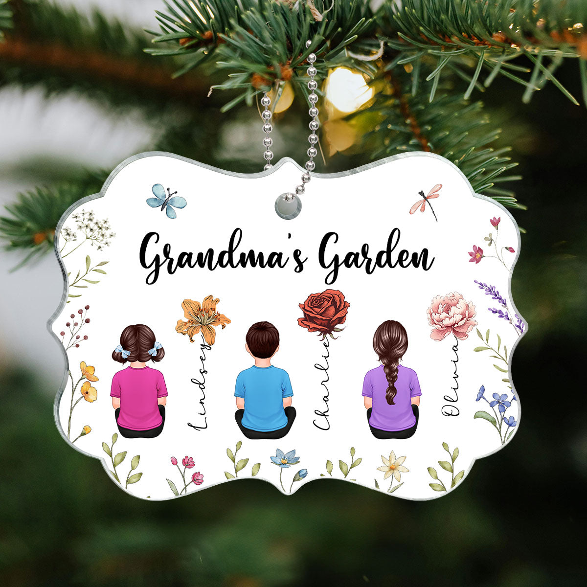 Grandkids Sitting Grandma Garden Vintage Birth Month Flowers Personalized Acrylic Ornament, Christmas Gift For Grandma