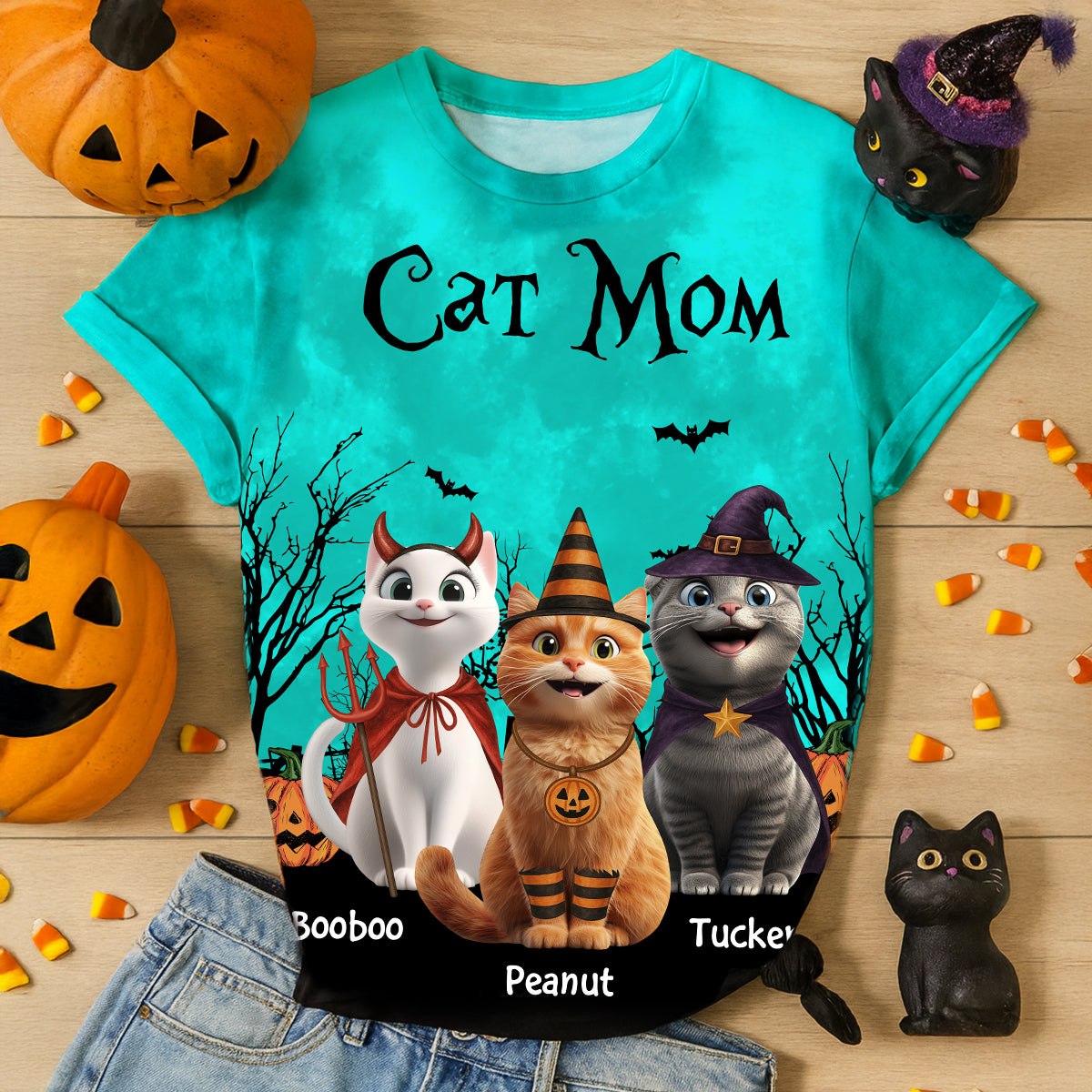 Cat Mom Halloween Moon Light Bat Tree Cartoon Cat Personalized Shirt, Purrfect Costume for Cat Lover