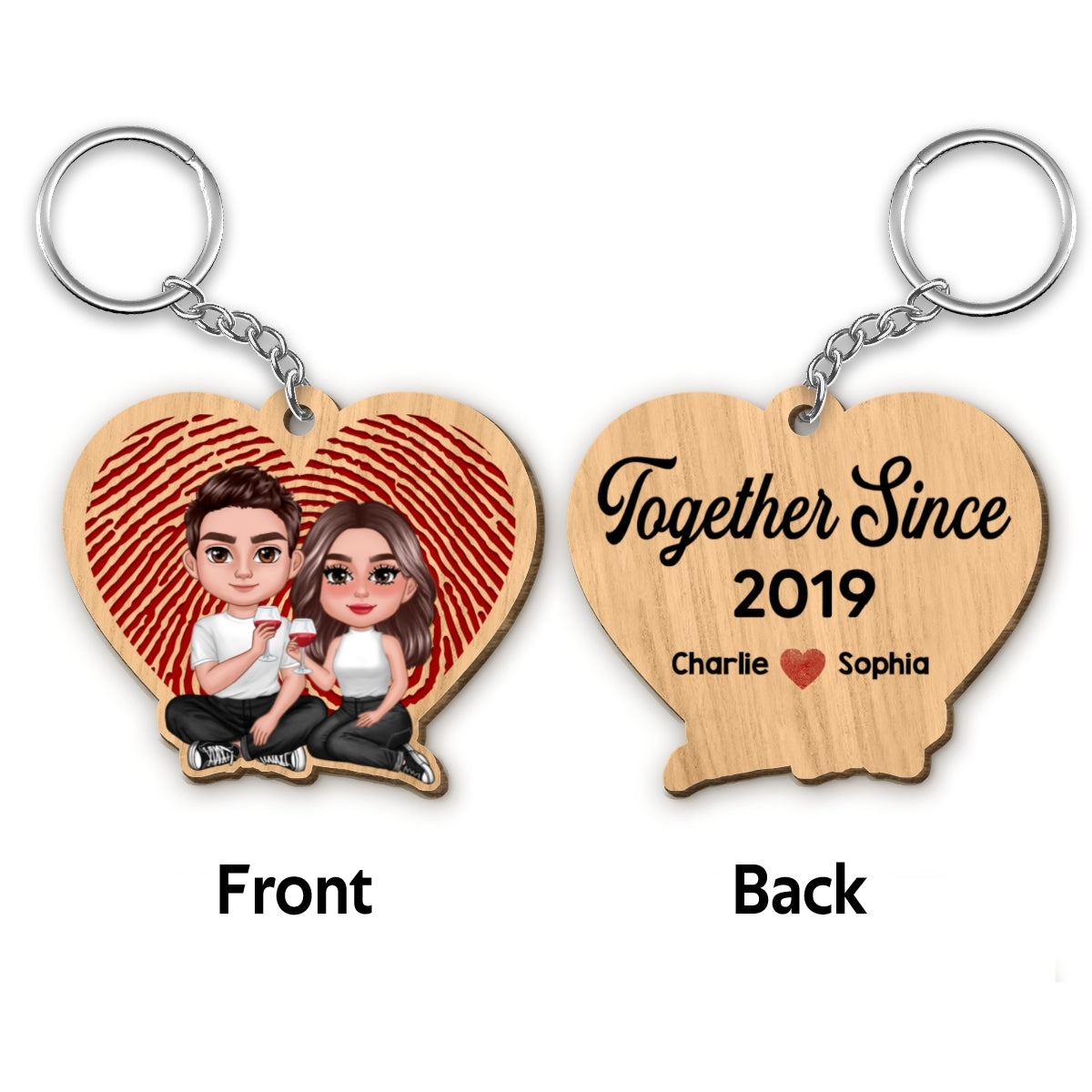 Couple Sitting Heart Fingerprints Personalized Heart Wooden Keychain