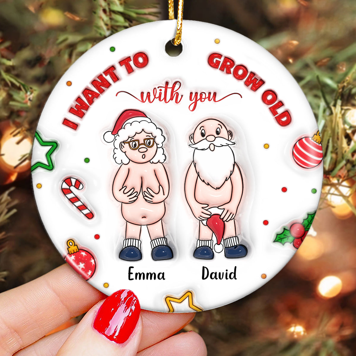 3D Inflated I Want to Grow Old With You Personalized Ceramic Circle Ornament