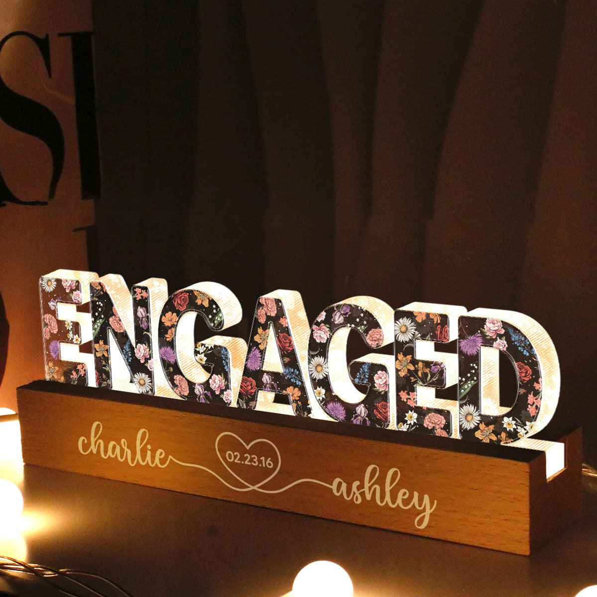 Personalized Couple Engagement Floral Theme Anniversary Gift Acrylic Block LED Night Light, Heartfelt 2025  Gift, For Him, For Her, For Husband, For Wife