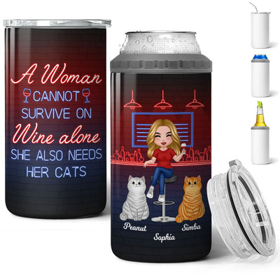 Cat Mom Cannot Survive On Wine Alone Neon Light Multi-Use Tumbler - Personalized 4 In 1 Can Cooler - Gift For Cat Mom & Wine Lover