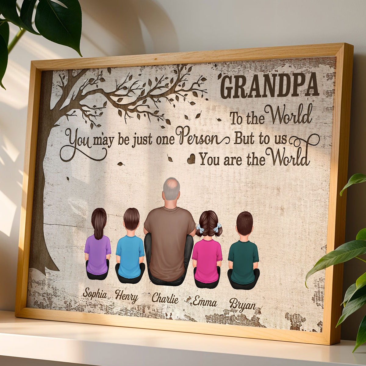 Grandpa And Kids Dogs Cats Sitting Under Tree Personalized Poster, Gift For Grandpa