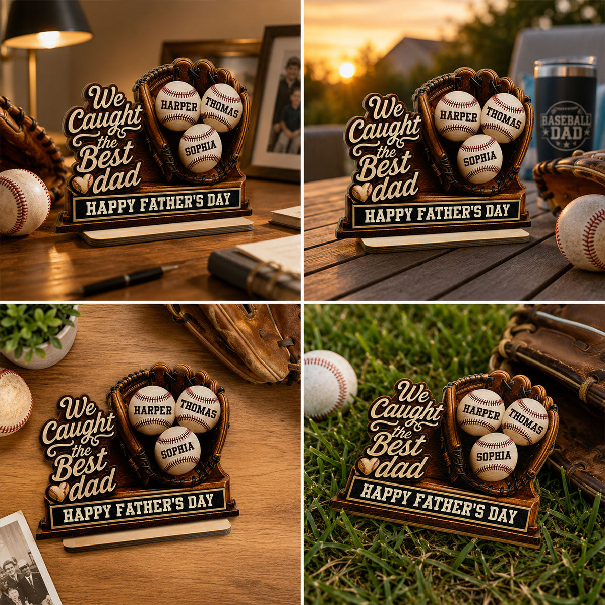 We Caught The Best Dad Baseball In Glove - Personalized 2-Layered Wooden Plaque - Happy Father's Day For Baseball Dad