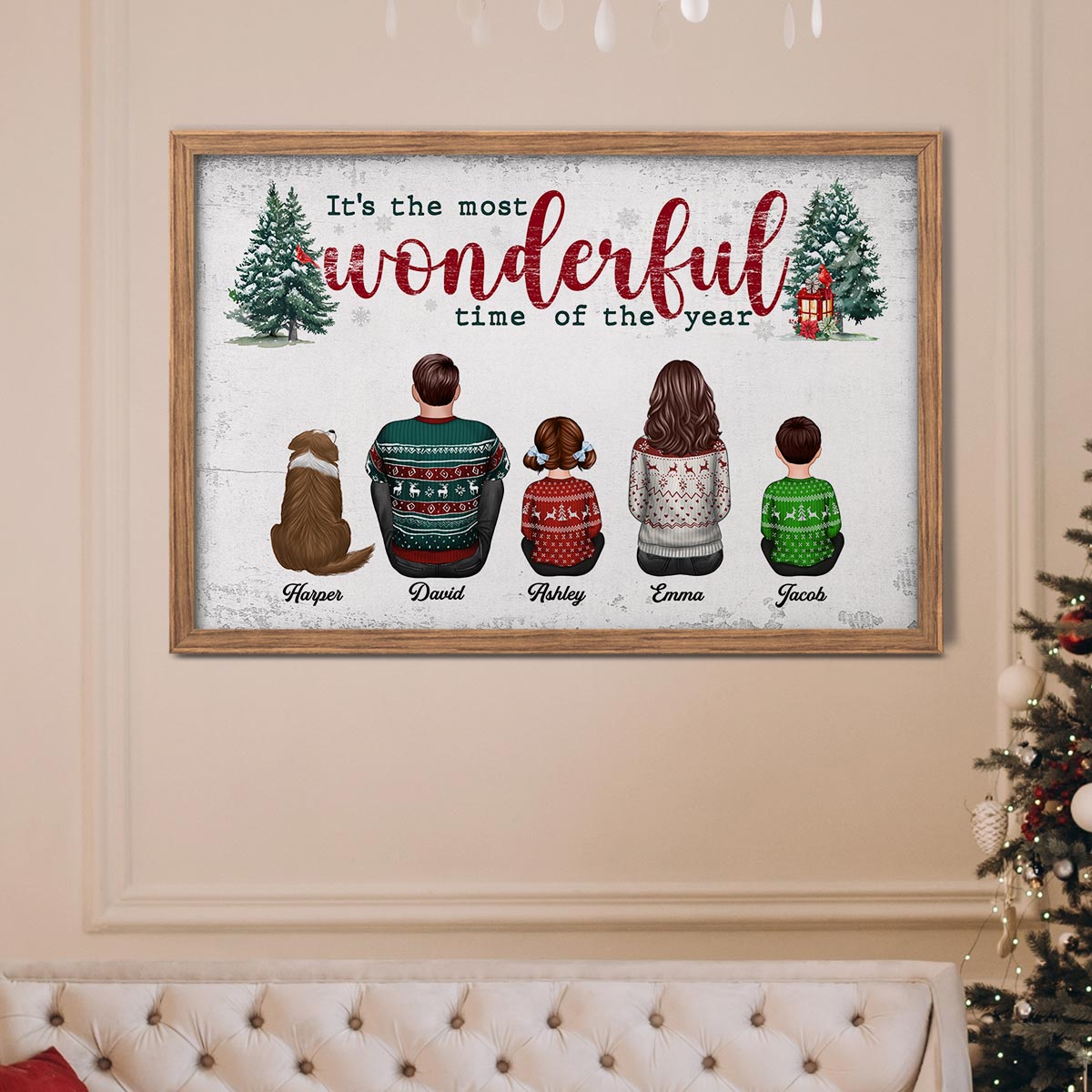 It's The Most Wonderful Time Of The Year Christmas Family Sitting Together Personalized Poster, Rustic Christmas Decoration