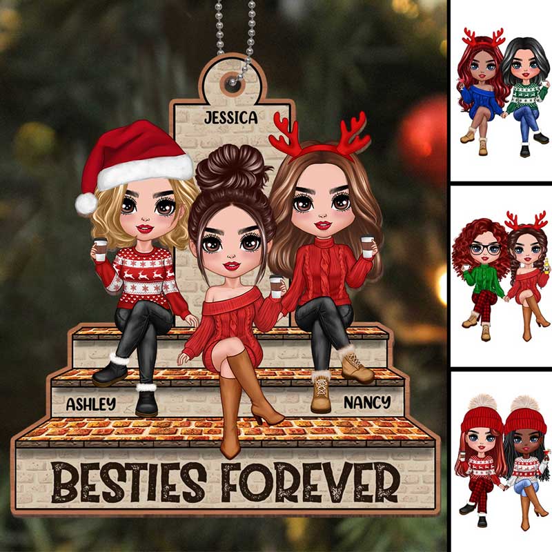 Doll Sisters Besties Sitting On Brick Stair Personalized Wooden Ornament