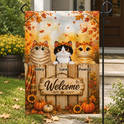Cozy Fall Welcome Cats Peeking On Fence - Personalized Garden Flag - Fall Season Decoration