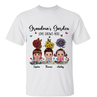 Grandma‘s Garden Cute Kids With Beautiful Vintage Birth Flower Behind Personalized Shirt