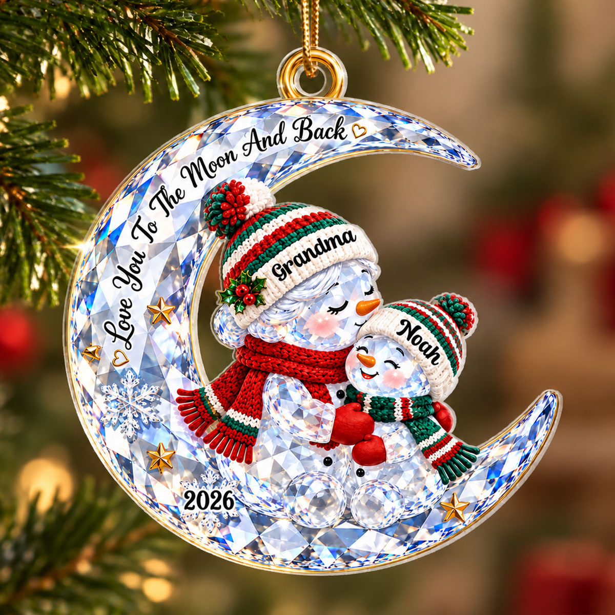 Grandma Grandkid Snowman On Moon Shiny Effect 2D Flat Printed - Personalized Acrylic Ornament - Christmas Gift For Grandkid, Grandson, Granddaughter