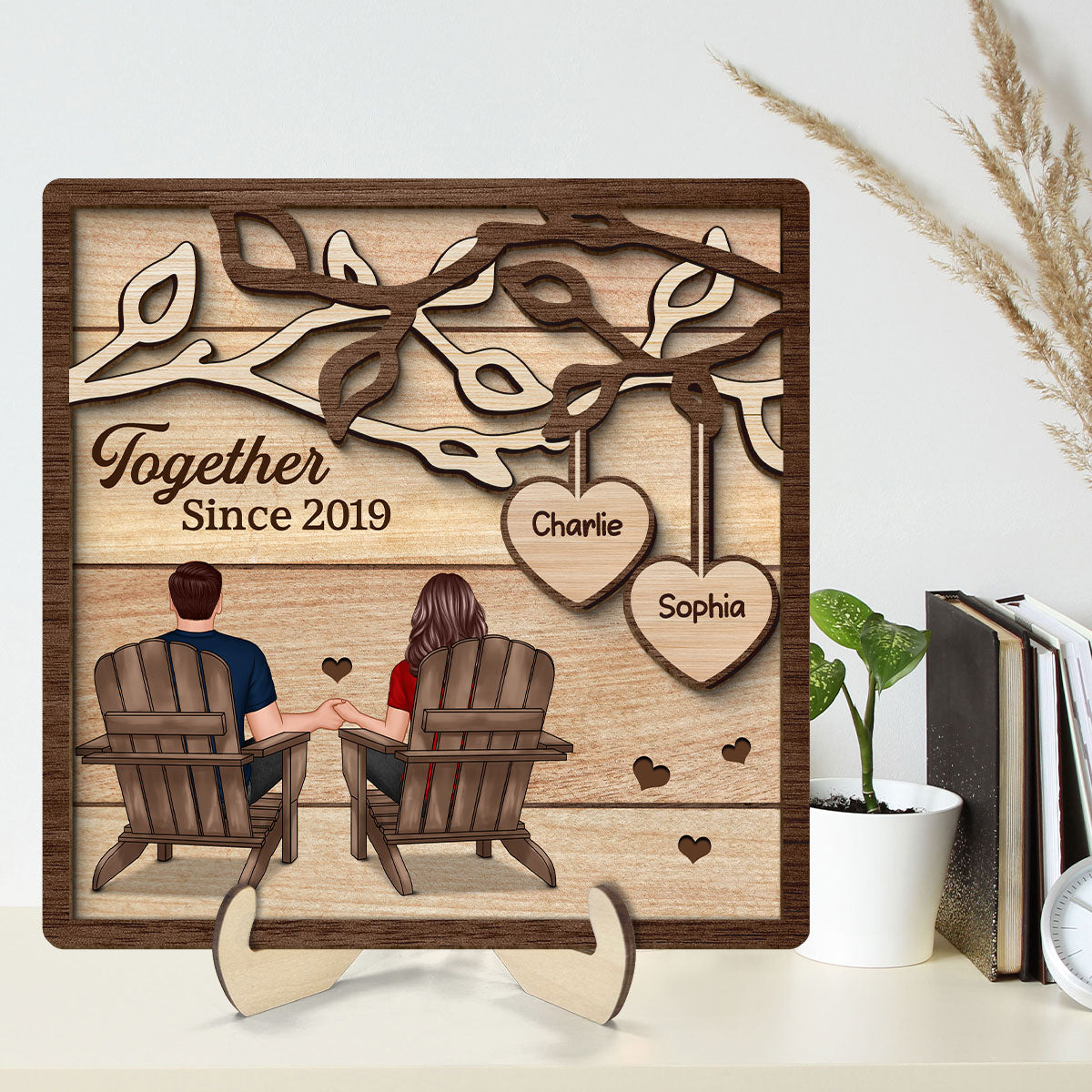 Couple Back View Sitting Under Tree  Personalized 2-Layer Wooden Plaque, Valentine‘s Day Gift For Him, For Her