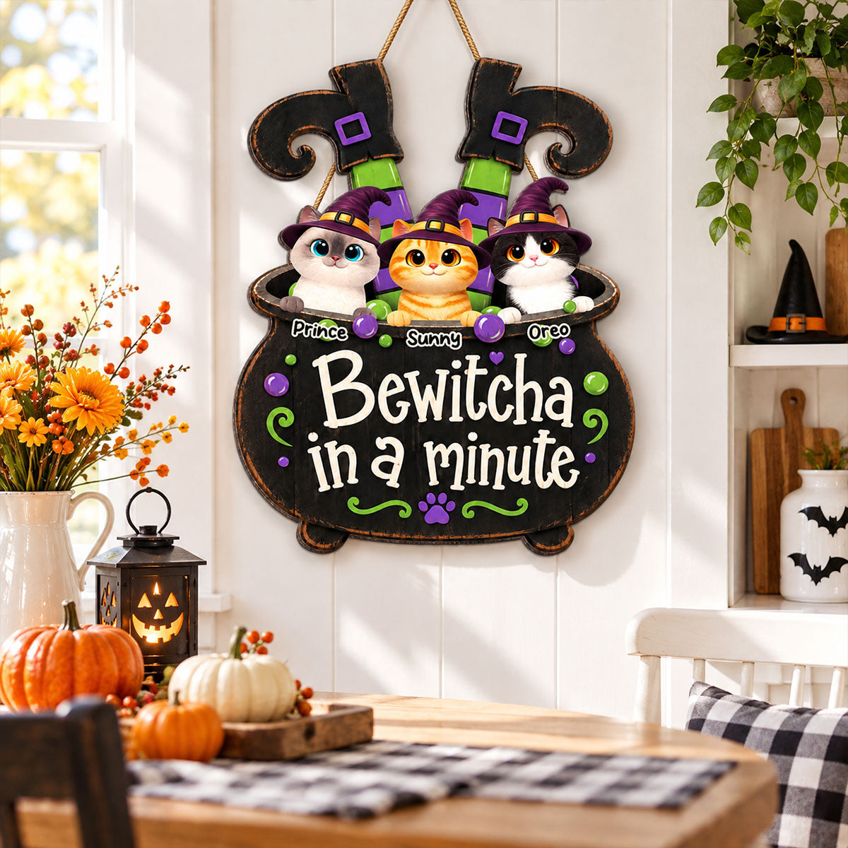 Halloween Witch Cauldron Cute Cats Bewitcha In A Minute - Personalized Wood Sign - Halloween Decor For Cat Lovers