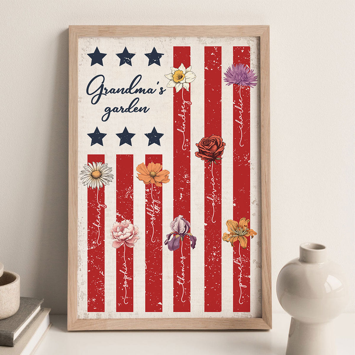 Grandma's Garden 4th Of July American Flag Personalized Poster, Birth Month Flower, Gift For Grandma
