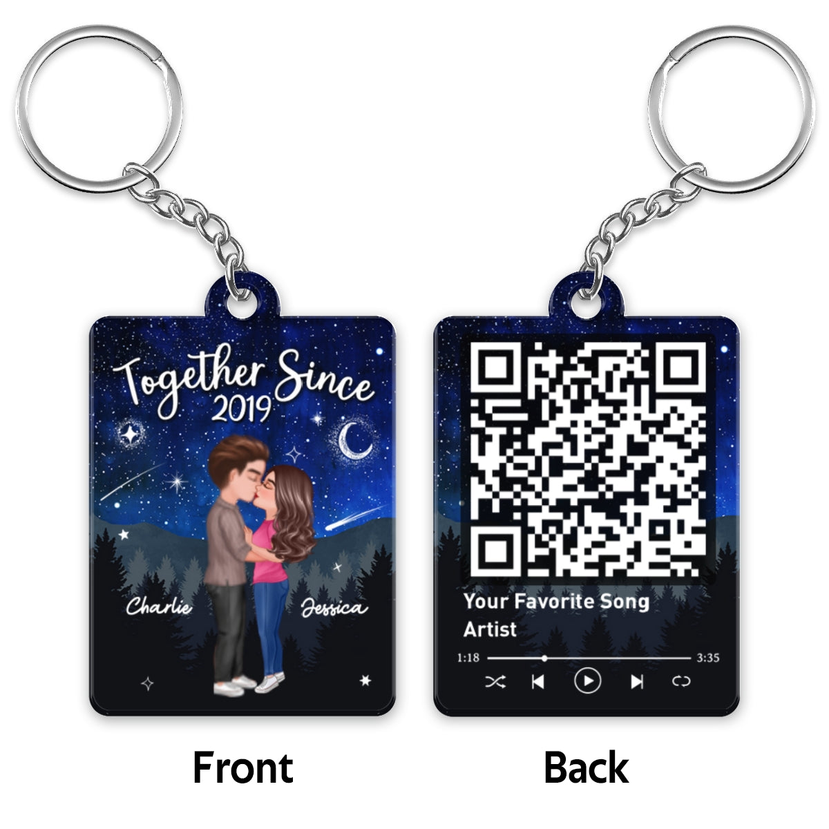 Doll Couple Kissing In Galaxy Night Favorite Song Scannable QR Code Personalized Acrylic Keychain