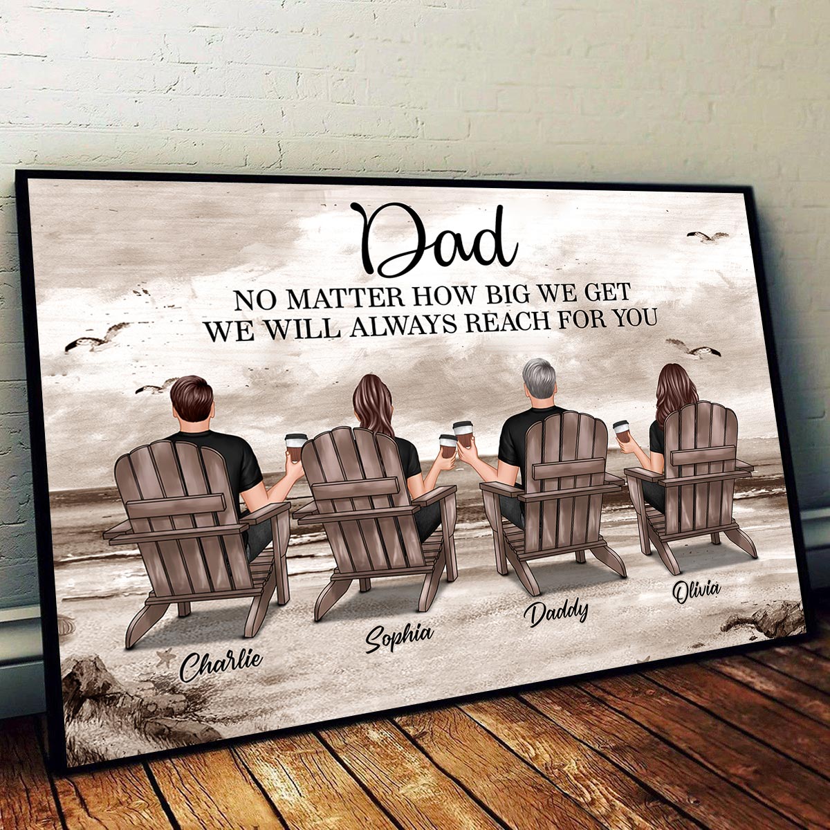 Dad And Sons Daughters Retro Vintage Beach Landscape Personalized Horizontal Poster