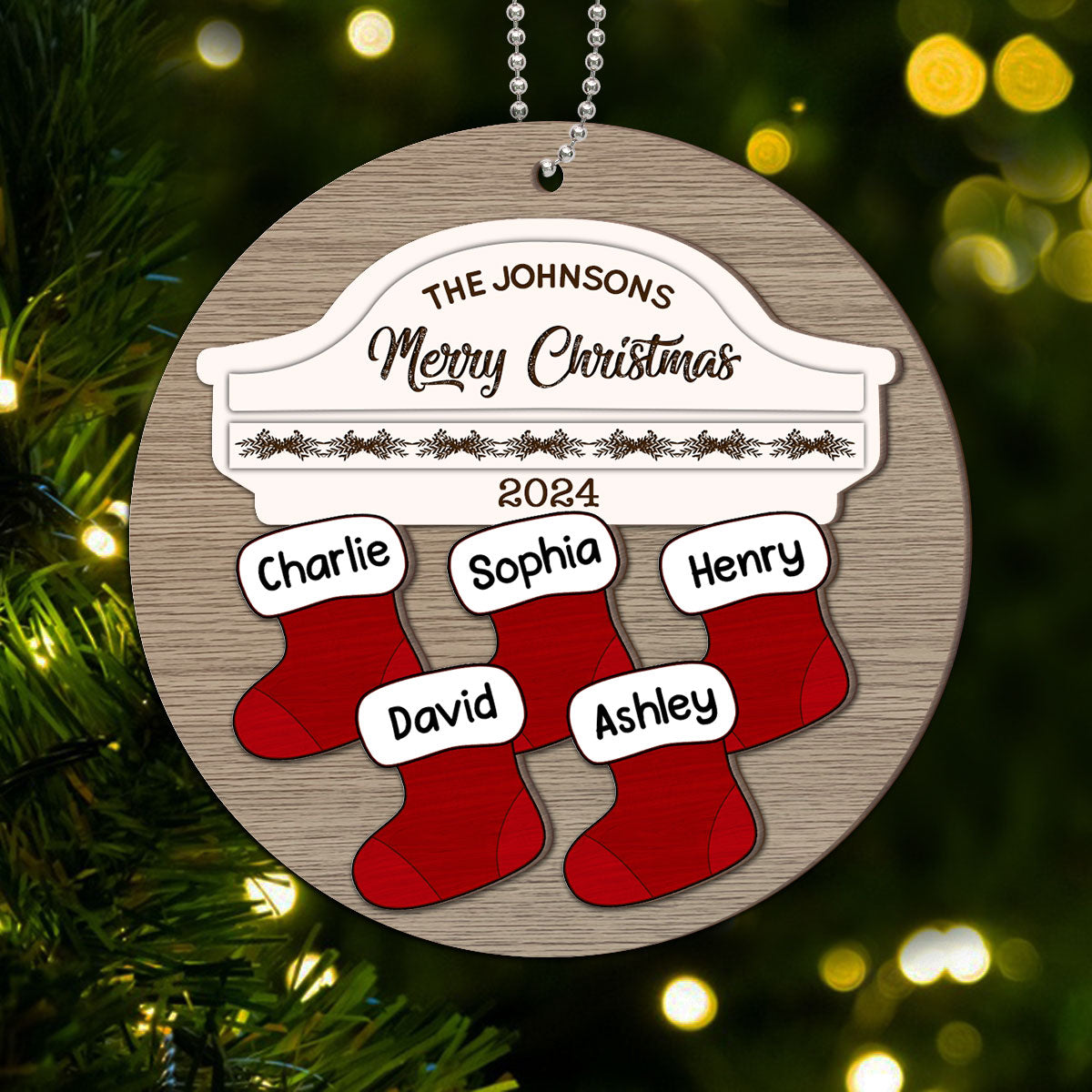 Family Name Stocking Christmas Decor Personalized 2-Layer Wooden Ornament