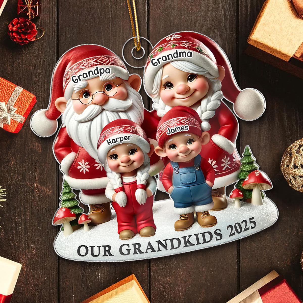 3D Effect Gnome Grandma Grandpa And Grandkids - Personalized Acrylic Ornament - Heartfelt Gift For Grandparents, Grandkids