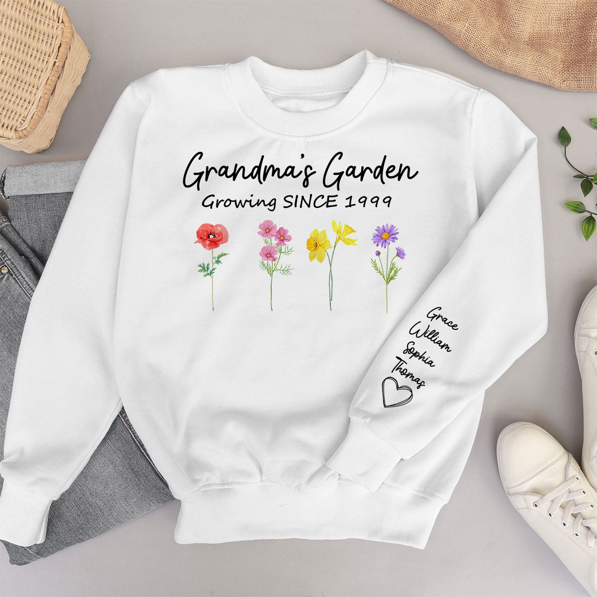 Grandma Garden Growing Since Custom Birth Month Flower Shirt for Grandmother, Gift, Personalized Sleeve Printed Sweatshirt