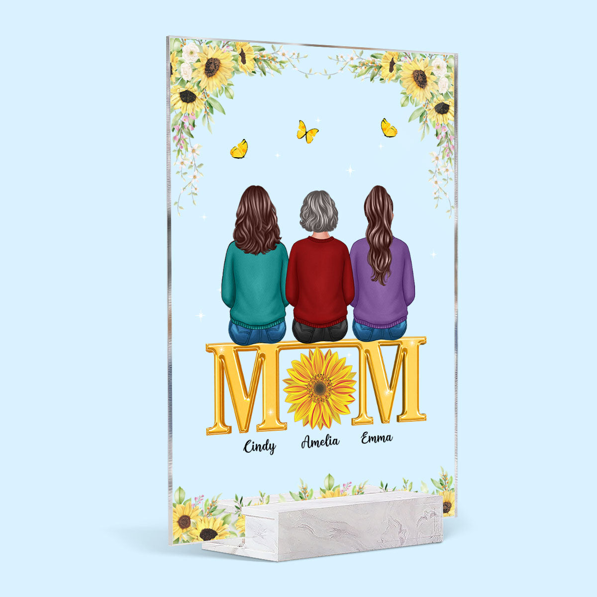 Mom Sons Daughters Back View Sitting On Text Sunflower Personalized Acrylic Plaque
