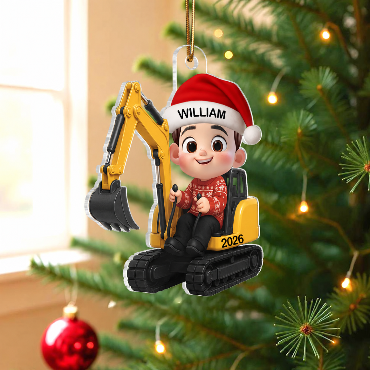 3D Effect Little Boy Kid With Construction Vehicle Excavator Backhoe Tractor Christmas Personalized Acrylic Ornament