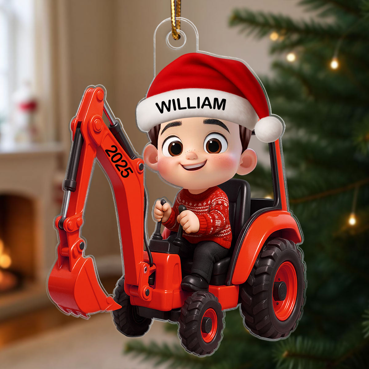 3D Effect Little Boy Kid With Construction Vehicle Excavator Backhoe Tractor Christmas Personalized Acrylic Ornament