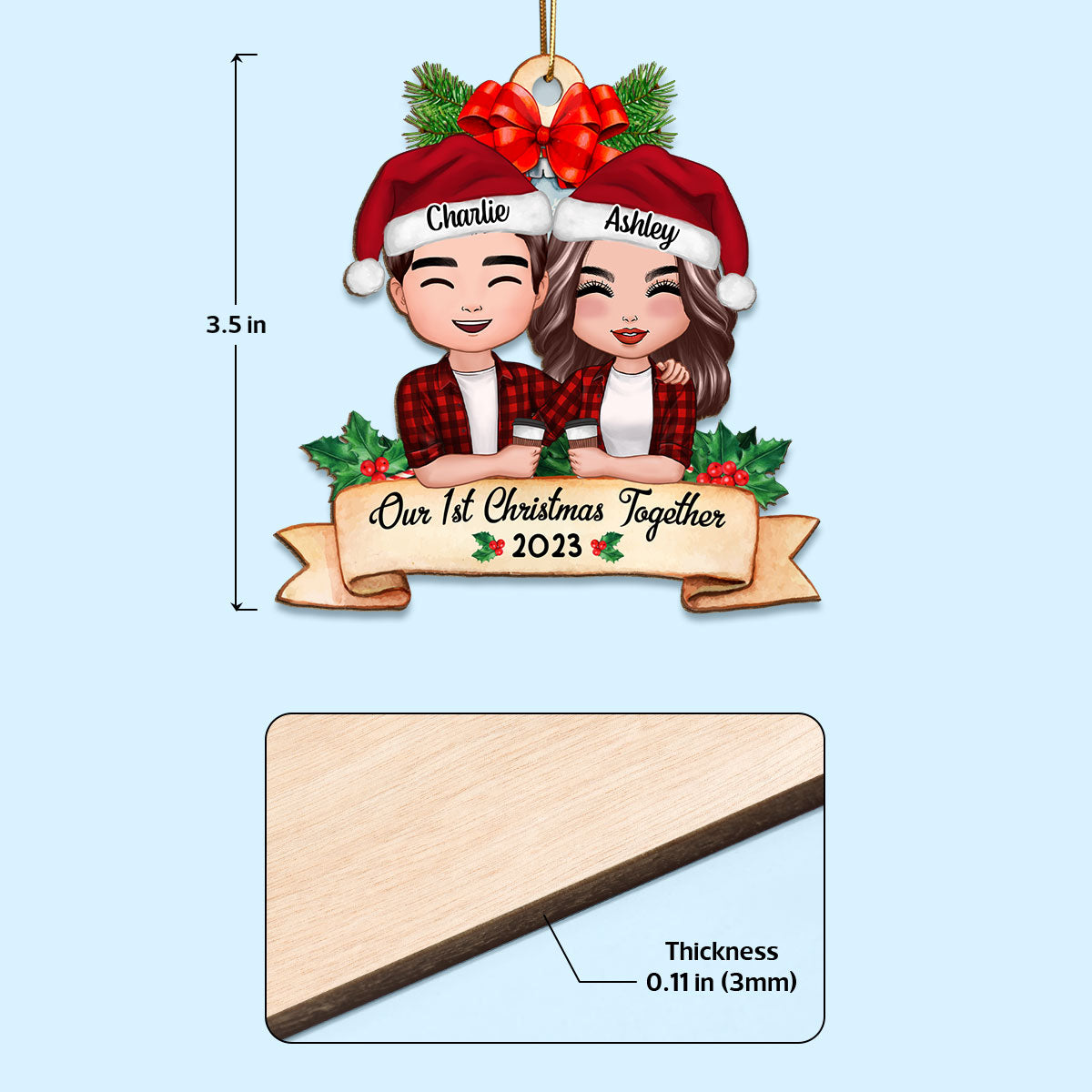 Our First Christmas Couple Holding Drink Personalized Wooden Ornament