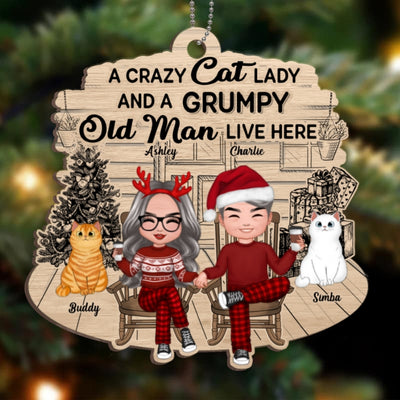 Crazy Cat Lady Grumpy Old Man Front Porch Personalized Christmas Wooden Ornament